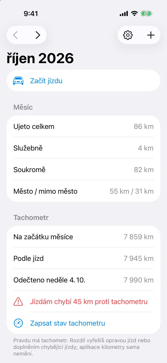 Puťovka na iPhonu — přehled měsíce: ujeté kilometry, tachometr a jízdy čekající na zařazení