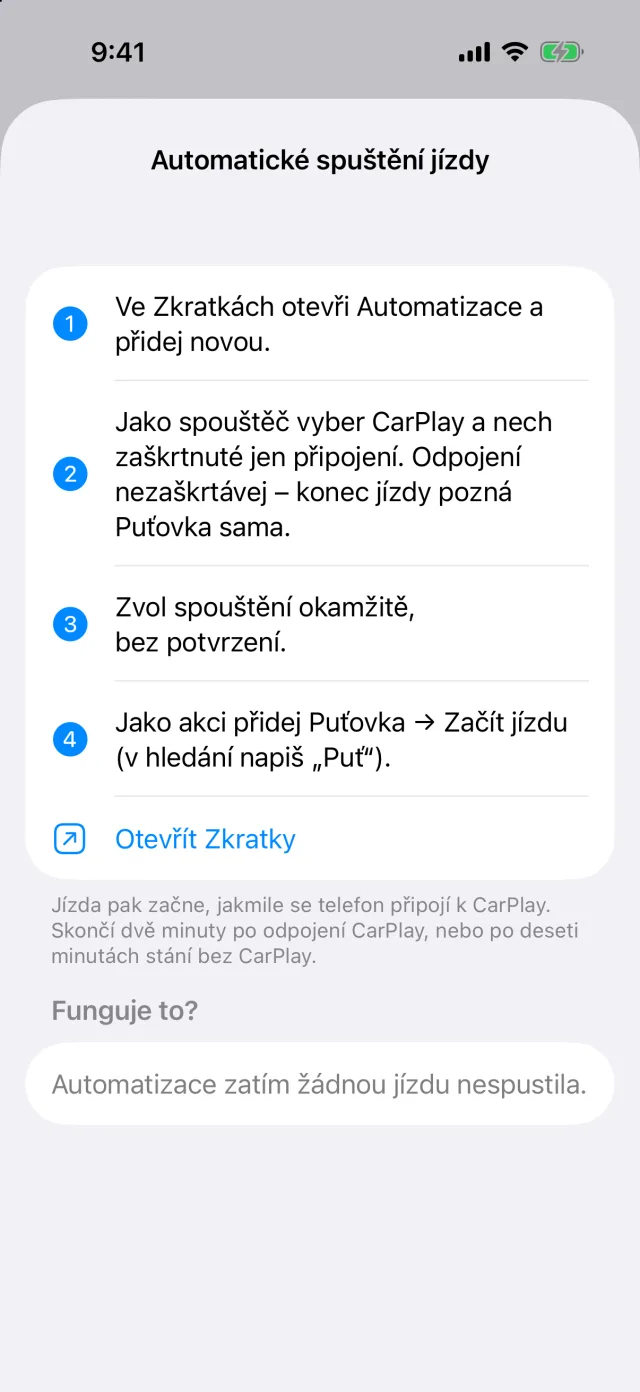 Jízda začne, když se připojí CarPlay — Puťovka